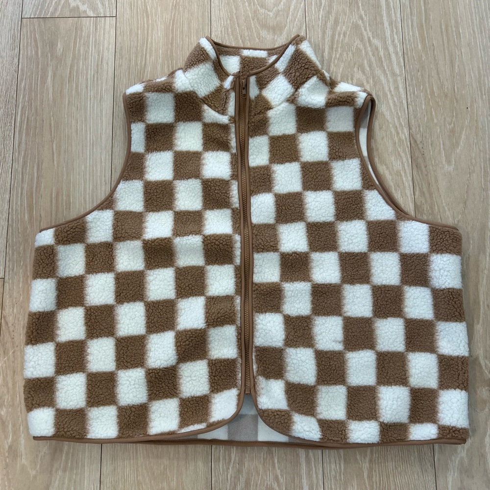 Brown and White Checkered Fleece Vest